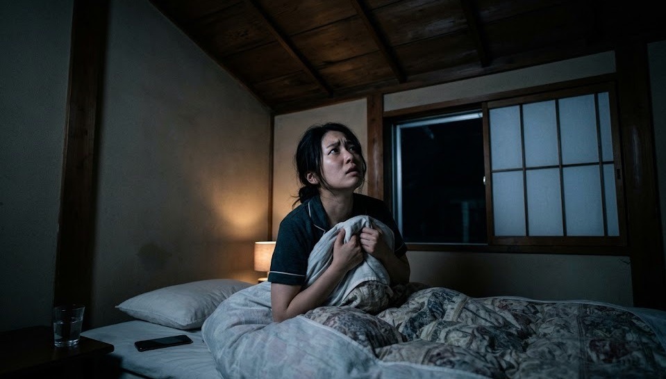夜中に天井からの異音に不安を感じて警戒している日本人の様子