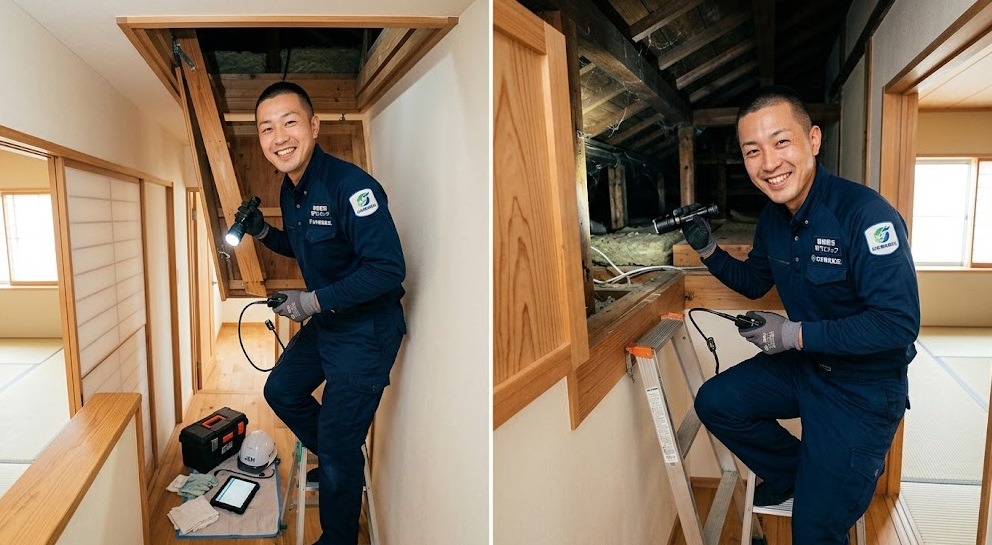 笑顔で家屋の点検を行う清潔感のある日本人の害獣駆除専門スタッフ