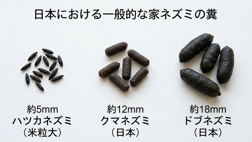 クマネズミ、ドブネズミ、ハツカネズミのふんの大きさと形状を比較したイラスト。それぞれの特徴が視覚的に分かる。
