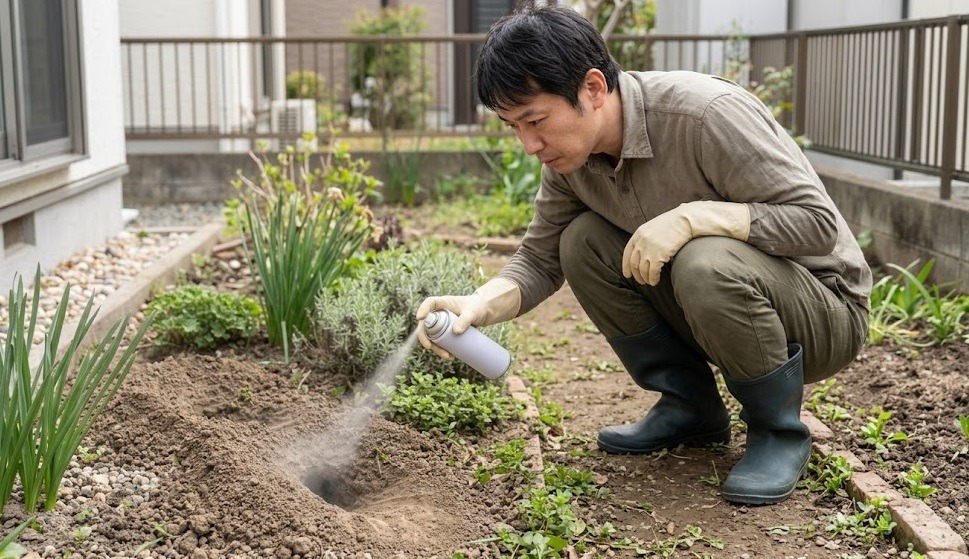庭の土にあるネズミの巣穴の入り口に、スプレータイプの忌避剤を噴霧する日本人男性。
