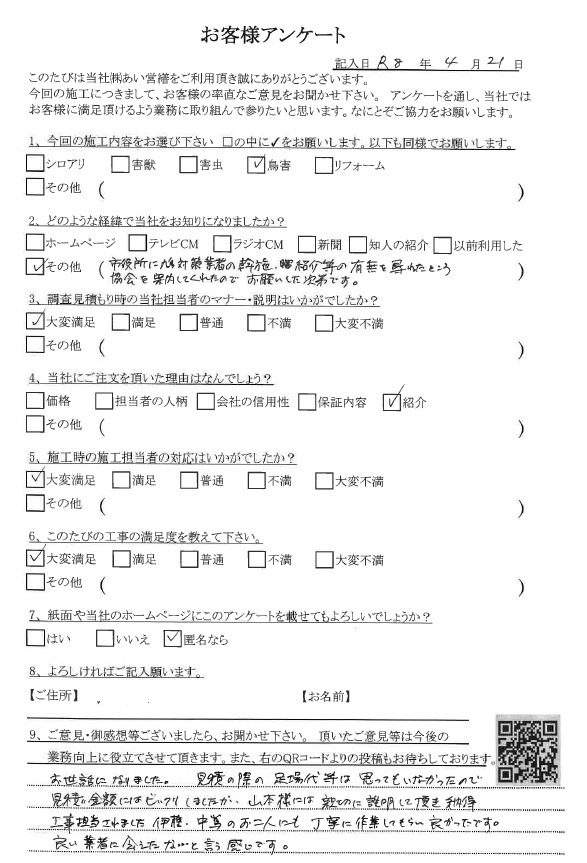 ハト駆除 口コミと評価 あい営繕