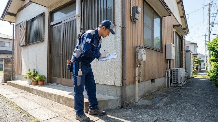 赤間駅周辺で家の外壁や屋根周りの無料現地調査を行う駆除業者の作業員