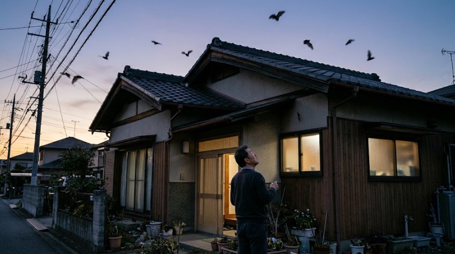 夕暮れ時に家の軒先を見上げて不安そうな表情を浮かべる住人の様子