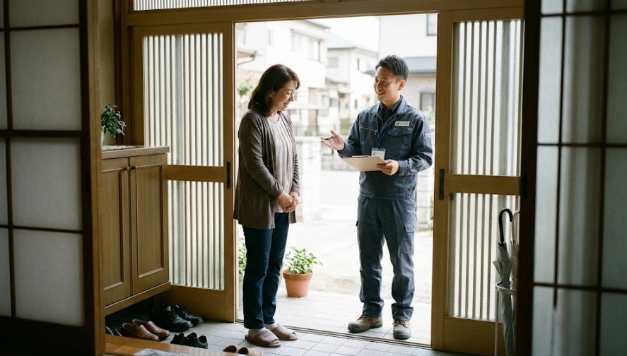 玄関先でお客様に笑顔で丁寧に駆除作業の案内をする清潔感のある専門業者のスタッフ