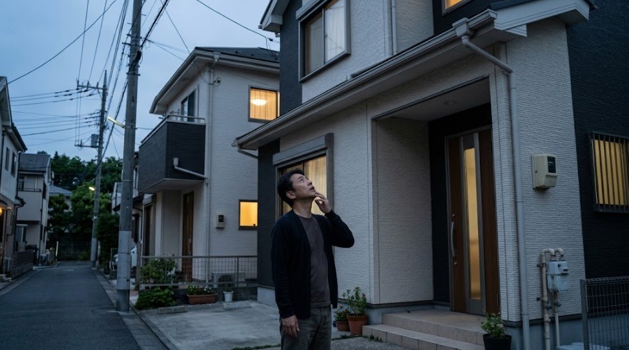 夕暮れ時に自宅の軒下を見上げてコウモリの被害に不安を感じる住人