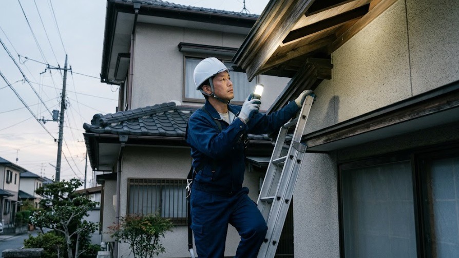 住宅の軒下や屋根の隙間を専用ライトで丁寧に点検するプロの駆除業者