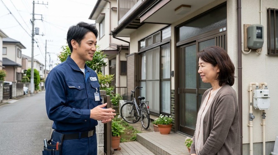 駆除業者のスタッフから笑顔で説明を受け、安心して相談する住人