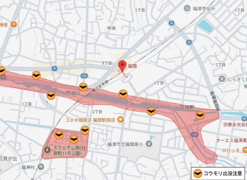 福間駅周辺地図にコウモリ出没する危険性のある箇所
