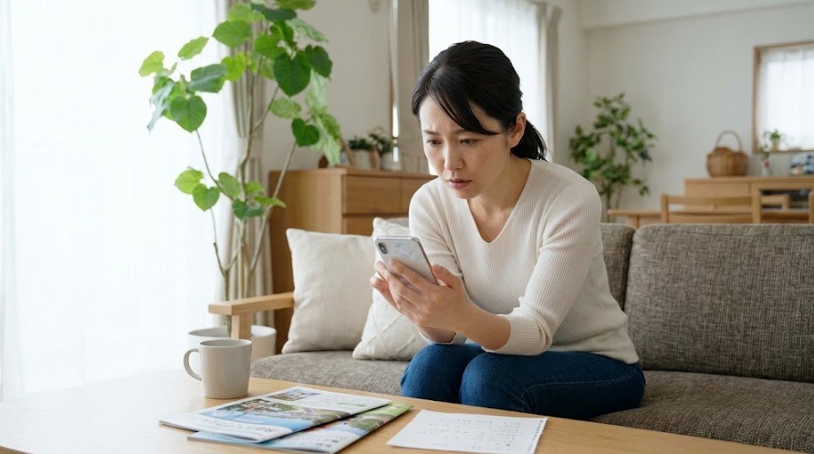福岡市の害獣出没情報をスマートフォンで不安そうに調べる日本の家庭の女性の様子