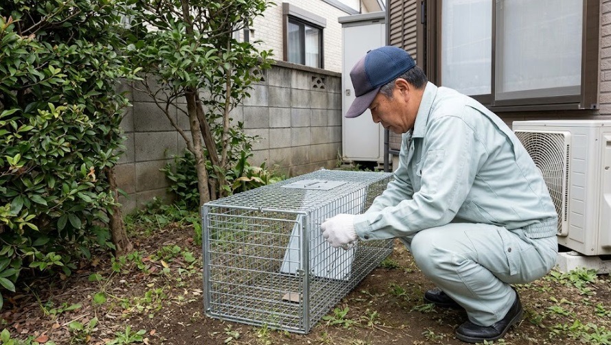 自治体の制度に基づいて一戸建ての庭先に設置・調整される害獣捕獲用の金属製箱わな(檻)の作業様子