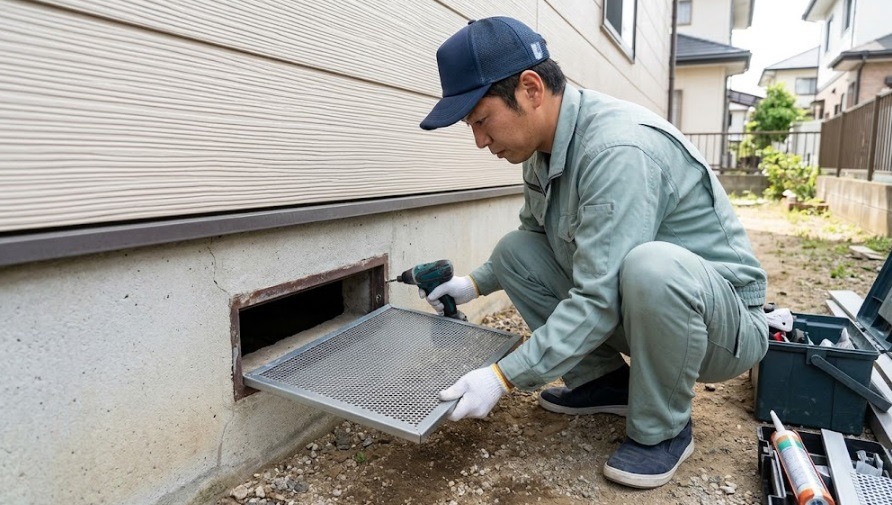 害獣の侵入を防ぐために住宅の床下換気口に頑丈な金網を取り付ける専門業者の施工の様子