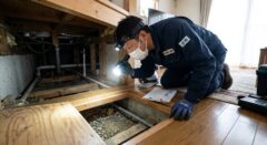日本人専門スタッフが床下の点検口から頭を入れ、ライトを照らして見積もりのための現地調査を行う様子
