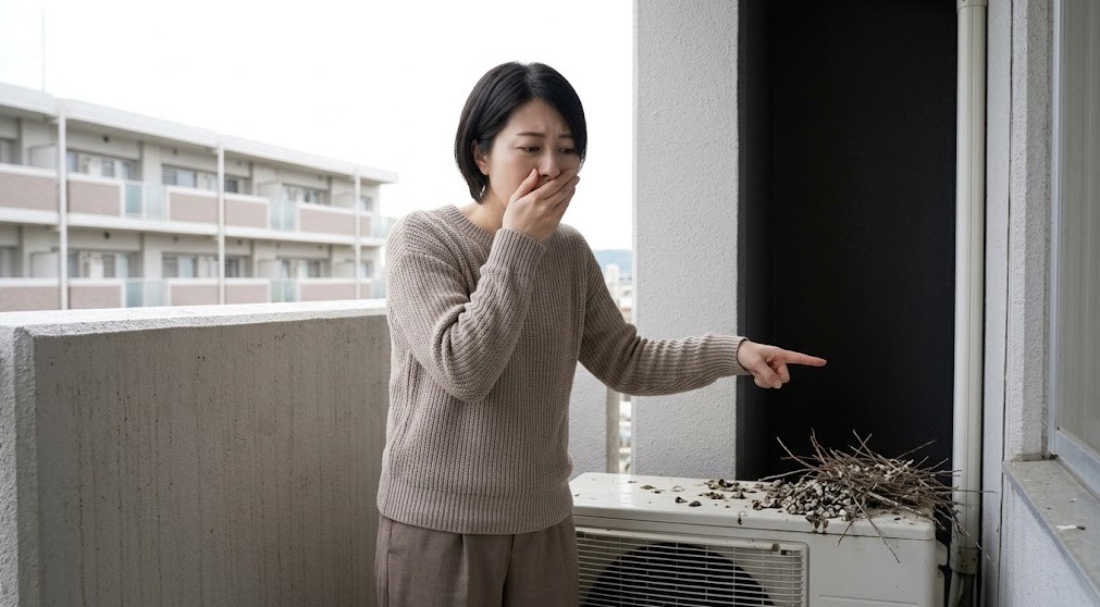 小倉のマンションベランダで、エアコン室外機の裏にハトの巣とフンを見つけ困惑する日本人女性。