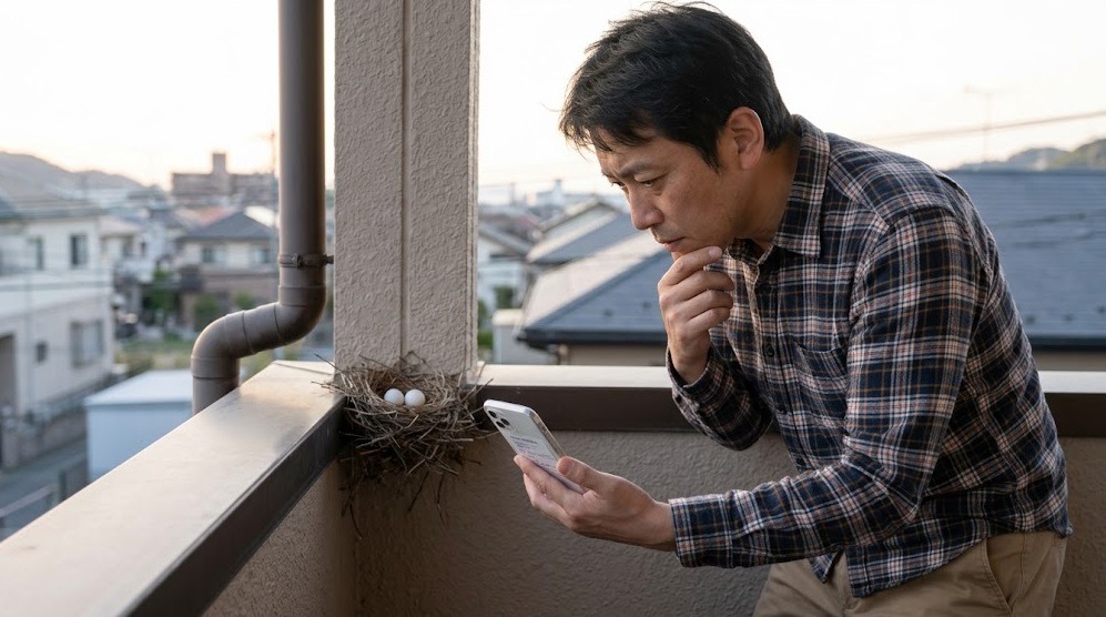 ベランダのハトの巣に卵があることに気づき、スマートフォンで鳥獣保護法について調べる日本人男性。