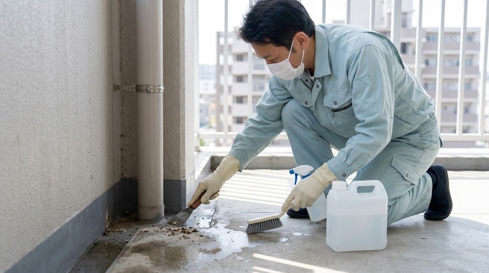 ベランダのハトのフンを専用の道具と薬剤で徹底的に清掃・消毒する、マスクを着用した日本人作業員。