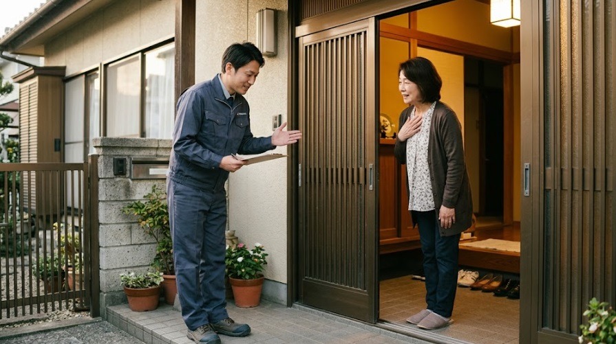 玄関先で無料見積もりや保証内容について丁寧に説明する駆除業者のスタッフ