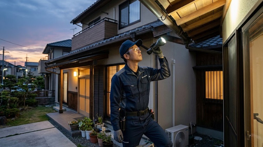 夕暮れ時に住宅の軒下をライトで点検するプロの男性駆除作業員