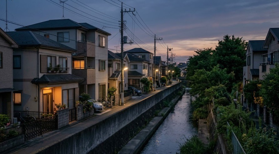 コウモリのエサとなる虫が発生しやすい、川や緑に隣接した夕暮れ時の閑静な住宅街