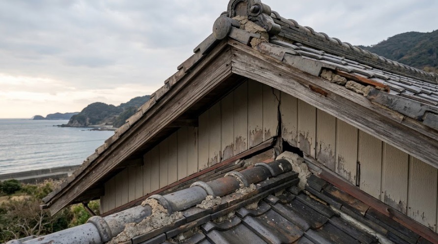 山口県下関市豊北町の海沿いにある、潮風（塩害）によって瓦や外壁が劣化し、隙間が生じている和風住宅の屋根