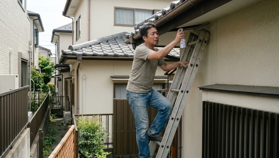 一般の男性が、安全装備なしで不安定なはしごに登り、高い軒下の隙間に向けて自力でコウモリ対策（忌避スプレー）を試みる危険な様子