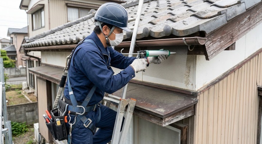 安全装備と作業服を身につけた専門業者のスタッフが、高所で安全に配慮しながら、コーキングガンとパンチングメタルを用いて住宅の隙間（コウモリの侵入経路）を完全に封鎖している施工風景