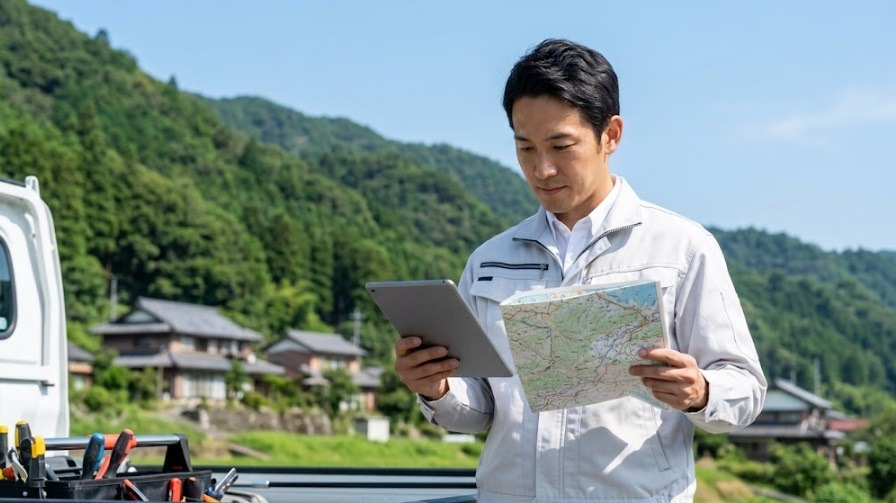 北九州市の山間部で害獣出没状況をタブレットと地図で確認する作業員。