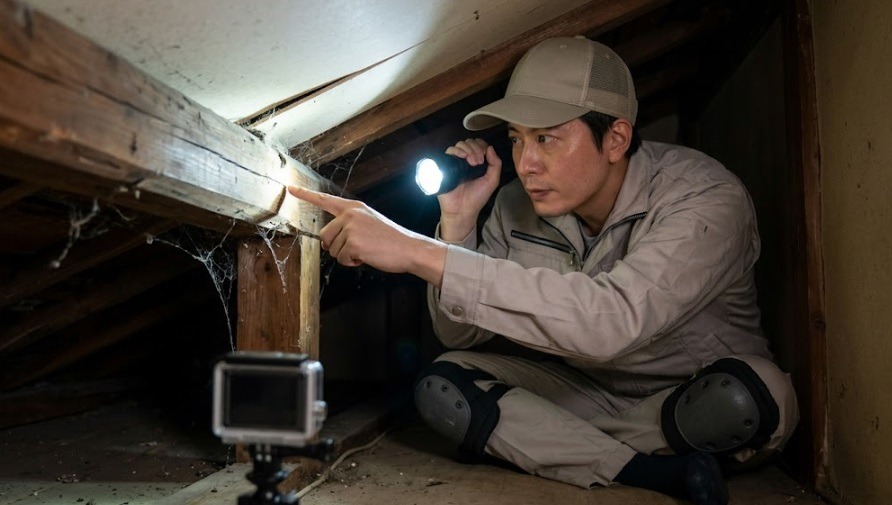 古い日本家屋の屋根裏で害獣の侵入口となる小さな隙間を懐中電灯で点検するスタッフ。