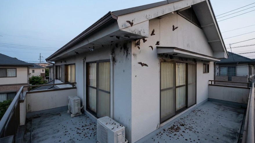 夕暮れ時に、古賀市内の戸建て住宅の軒下や屋根の隙間から飛び立つコウモリと、ベランダに散らばるフンの被害状況。