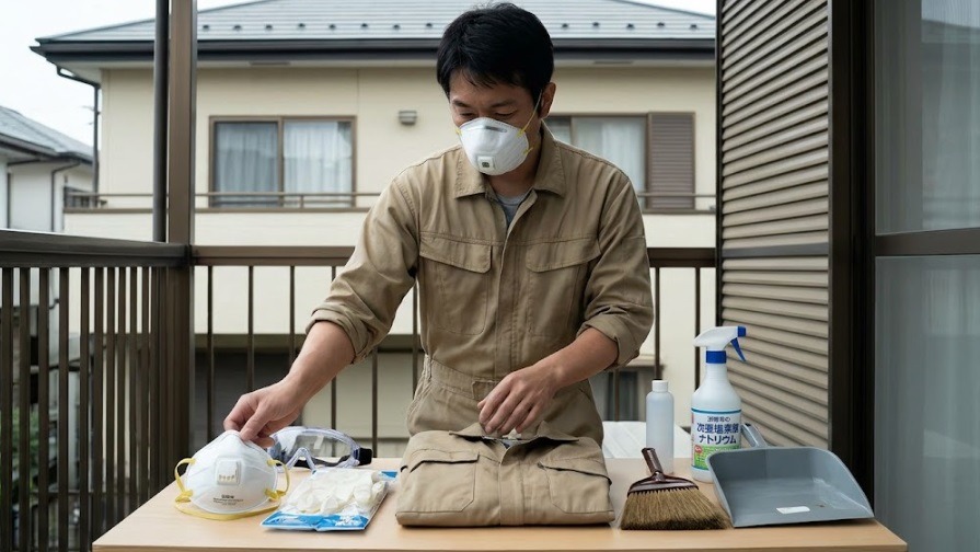 コウモリのフン掃除や駆除を安全に行うために、防塵マスクやゴム手袋、ゴーグルなどの必須アイテムを準備する様子。