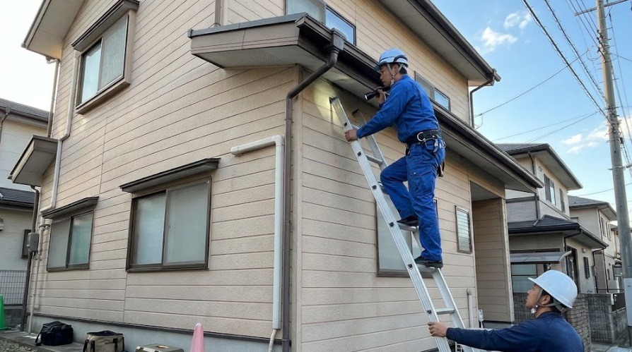 コウモリ駆除業者のスタッフが、はしごを使って住宅の外壁や軒下の侵入口を詳しく現地調査・点検している様子。