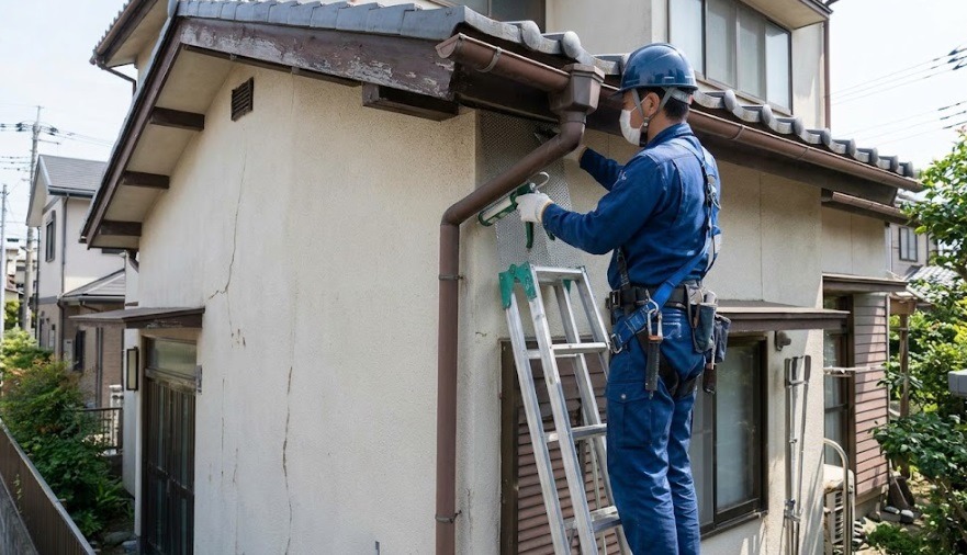 プロの駆除業者がはしごに上り、住宅の軒下に金網(パンチングメタル)とコーキング材を使って、コウモリの侵入口を完全に封鎖している様子。