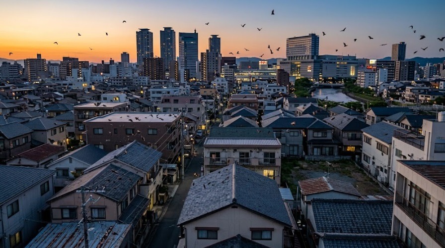 夕暮れ時にコウモリが飛び交う小倉駅周辺の市街地と密集する住宅街の全景