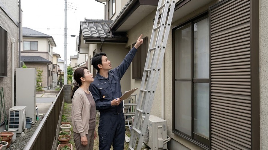 戸建て住宅の屋外で、ハシゴや屋根の隙間を指差しながら、施主に現地調査の結果や見積もり内容を丁寧に説明する害獣駆除スタッフと話を聞く依頼者