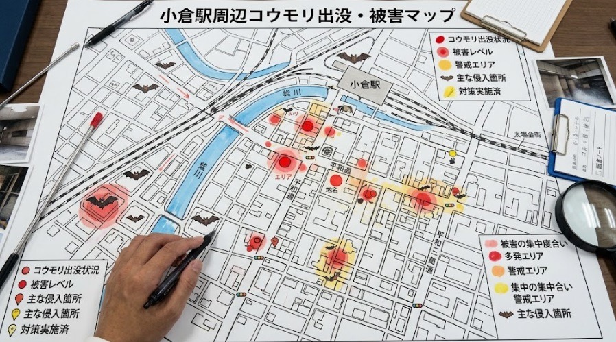 小倉駅周辺のコウモリ出没・被害マップ