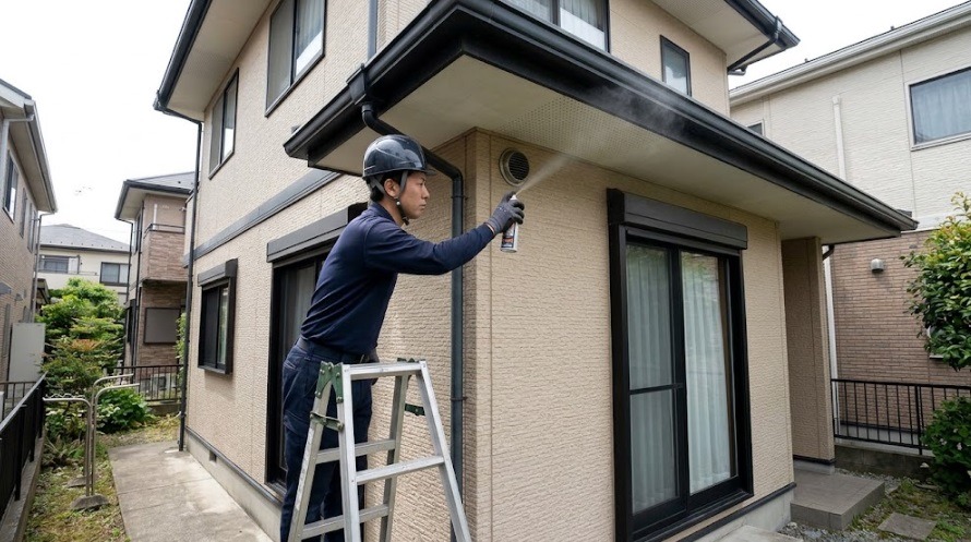コウモリの軽度な被害対策として、日本の戸建て住宅の軒下にある換気口の隙間にコウモリ忌避剤スプレーを噴射して追い出し作業を行う日本人の専門業者スタッフ