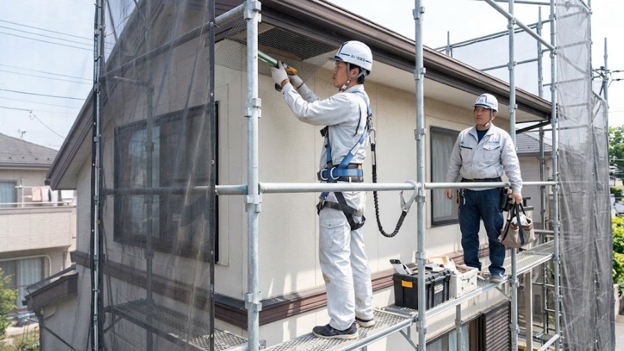 2階建ての住宅の周囲に組まれた工事用足場で、安全帯を装着した作業員たちが、高所にある軒下のコウモリの侵入口を封鎖する工事を行っている様子