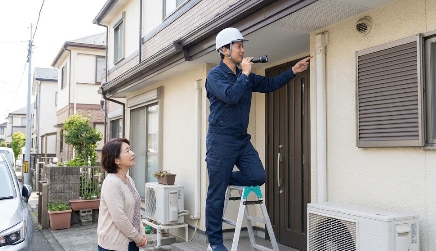 日本の戸建て住宅の屋外で、脚立に乗り懐中電灯を使って軒下の点検・コウモリの調査を行い、見上げる女性の施主に丁寧に説明する日本人の専門業者スタッフ