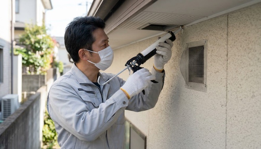 住宅の外壁の通気口や隙間に、パンチングメタルや金網を取り付け、シーリング材(コーキングガン)を使って隙間を完全に塞いでいるプロの作業スタッフの様子。