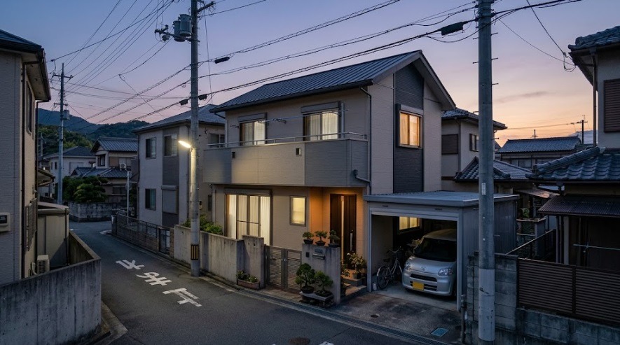 九州工大前駅周辺の住宅街をイメージした夕暮れ時の戸建て住宅