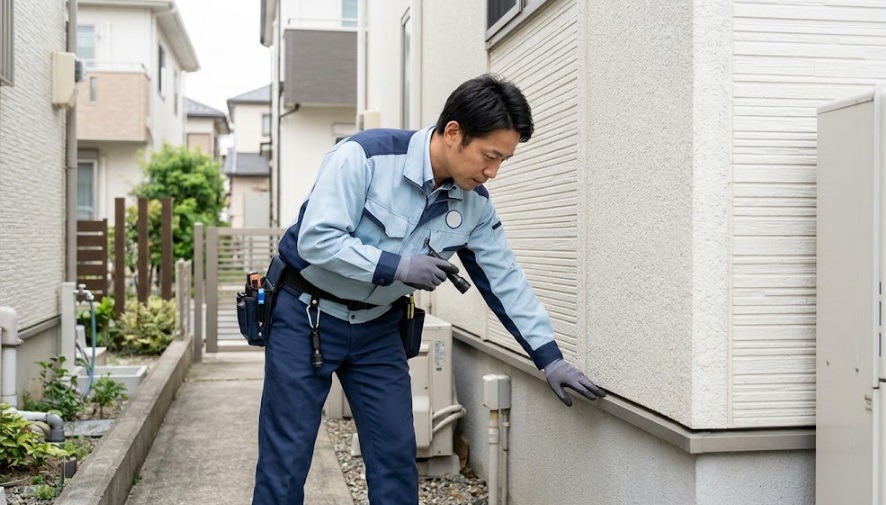 コウモリ被害の状況と侵入口を確認するため住宅の外壁を点検するプロの駆除業者