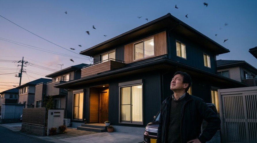 夕暮れ時に家の屋根や軒下を見上げて不安そうな表情を浮かべる住人の様子