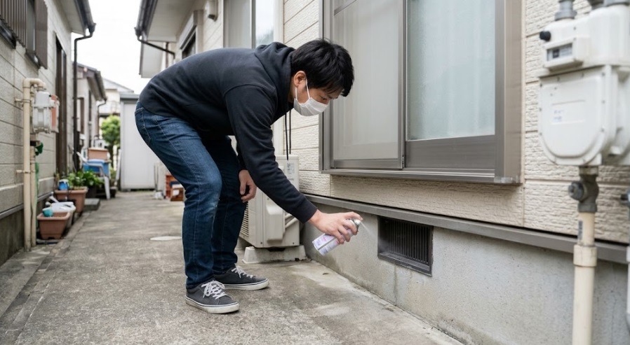 マスクを着用し、家の低い位置にある換気口付近に慎重に忌避スプレーを吹きかける住人