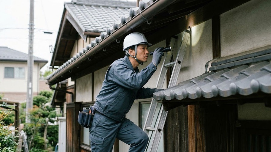 清潔な作業服とヘルメットを着用したプロの駆除業者が、ライトを使って軒下のわずかな隙間を点検している様子