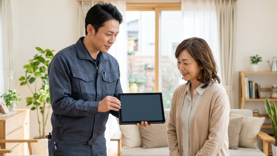 明るいリビングで、プロの駆除業者がタブレットを見せながら住人に分かりやすく見積もりや作業内容を説明している様子