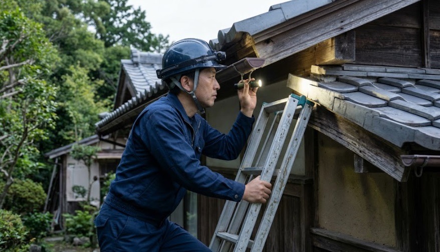 日本家屋の瓦屋根や軒下のわずかな隙間を、ハシゴに登ってライトを当てながら入念に調査する、ヘルメットを被った専門スタッフ。