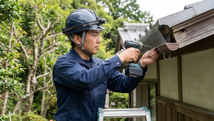 ハシゴの上でビスと工具を使い、屋根瓦と軒下の隙間にパンチングメタル(金属ネット)を取り付けてコウモリの侵入を防ぐ、ヘルメット姿の駆除職人。
