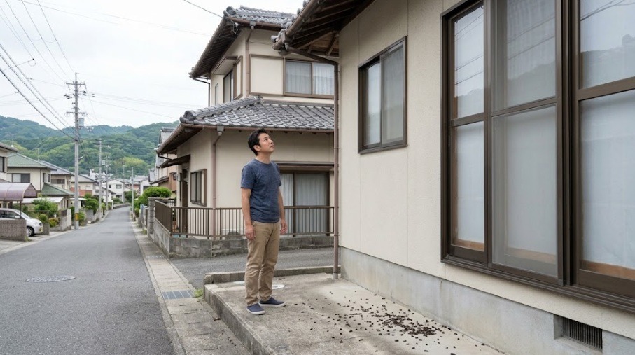 下関市の住宅街にある一戸建て住宅で、軒下を見上げながら地面に落ちているコウモリのフンらしきものを心配そうに確認する男性の様子