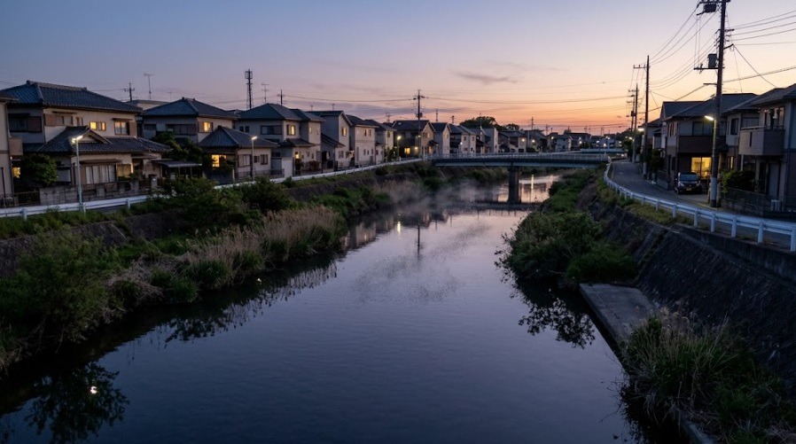 夕暮れ時の遠賀川周辺の穏やかな水辺と隣接する住宅街の風景