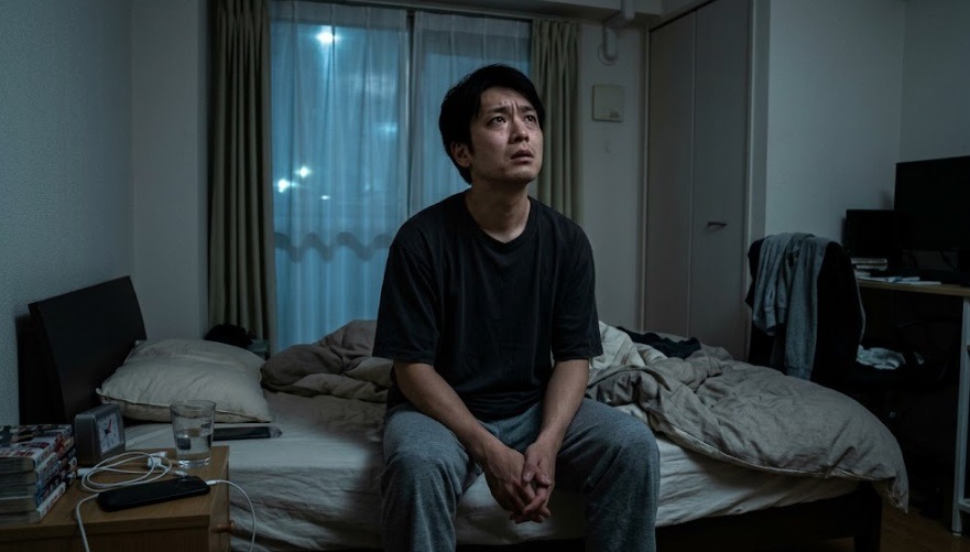 夜中、寝室の天井から聞こえるコウモリの騒音に悩み、不安な表情を浮かべる男性