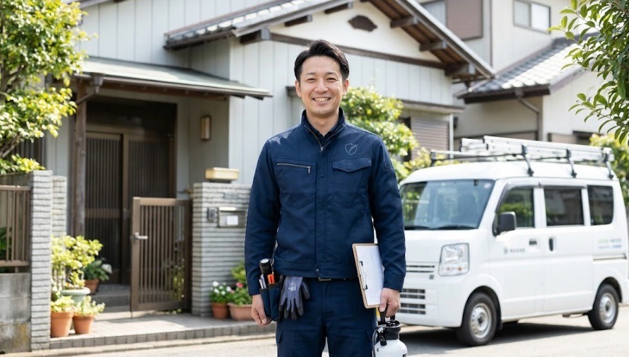 住宅の前で笑顔を見せる、清潔感と安心感のあるコウモリ駆除の専門スタッフ
